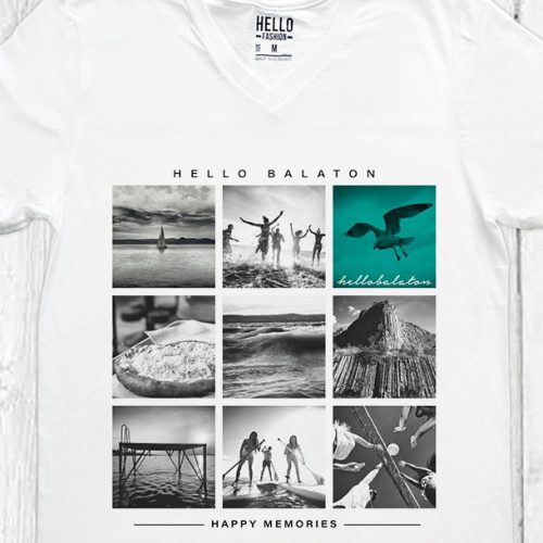 BALATONI KÉPKOCKÁK FÉRFI V NYAKÚ PÓLÓ FEHÉR